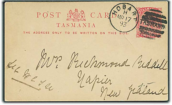 Tasmanien. 1d Victoria helsagsbrevkort fra Hobart d. 17.3.1893 til Napier, New Zealand.