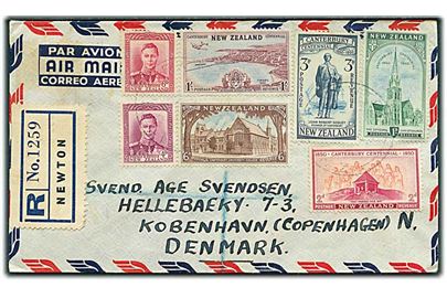 Blandingsfrankeret anbefalet luftpostbrev ca. 1950 fra Newton til København, Danmark.