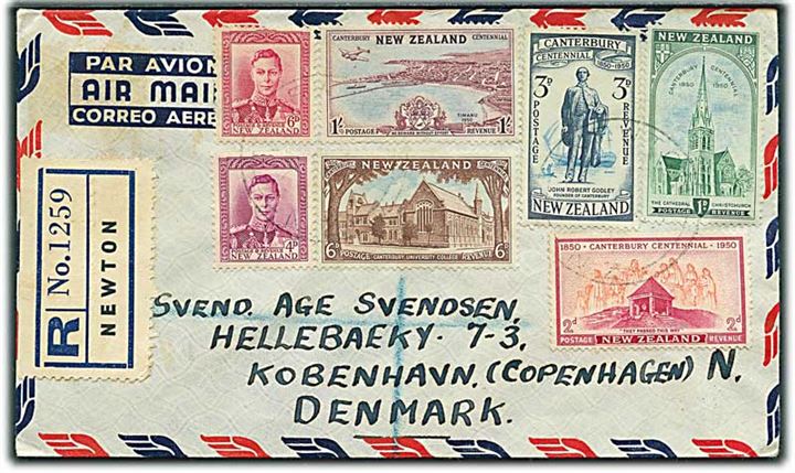 Blandingsfrankeret anbefalet luftpostbrev ca. 1950 fra Newton til København, Danmark.