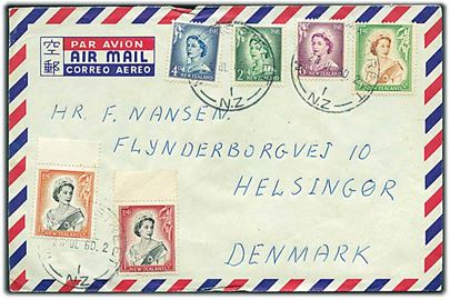 2d, 4d, 6d, 9d, 1sh og 1/9sh Elizabeth på luftpostbrev stemplet Ma... Street N.Z. d. 28.7.1960 til Helsingør, Danmark.
