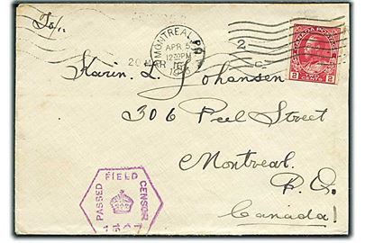 Ufrankeret feltpostbrev med svagt maskinstempel Army P.O.2 (= Rouen, Frankrig) d. 20.3.1916 til Montreal, Canada. Opfrankeret med 2 c. George V stemplet Montreal d. 5.4.1916. Violet Passed Field Censor 1527.