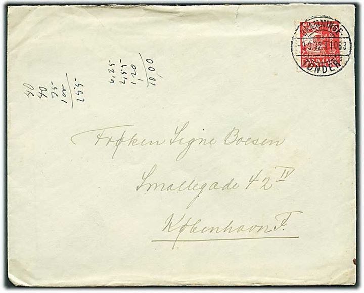 15 øre Karavel på brev fra Ribe annulleret med bureaustempel Bramminge - Tønder sn3 T.1063 d. 9.9.1932 til København.