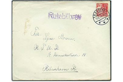 15 øre Karavel på brev stemplet Rødding d. 10.12.1934 og sidestemplet Rutebilbrev til København.
