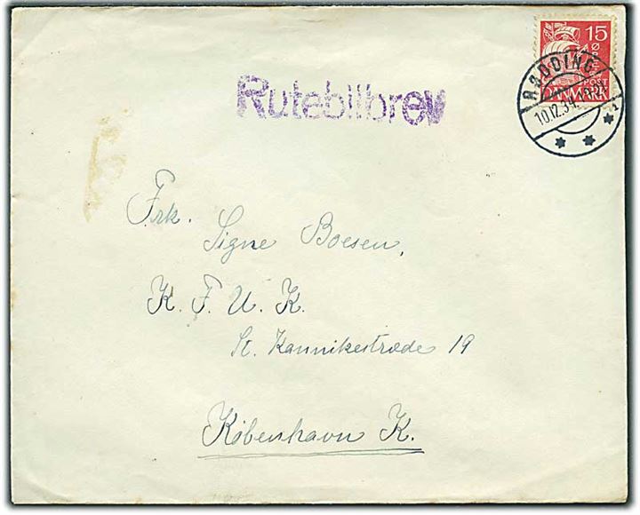 15 øre Karavel på brev stemplet Rødding d. 10.12.1934 og sidestemplet Rutebilbrev til København.