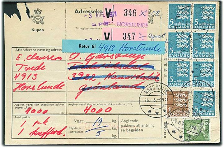 80 øre Fr. IX, 1 kr. og 5 kr. (7) Rigsvåben på adressekort for 2 værdipakker fra Horslunde d. 2.8.1971 til Nanortalik, Grønland. Retur som Modtagelse Nægtet fra Nanortalik d. 26.8.1971.