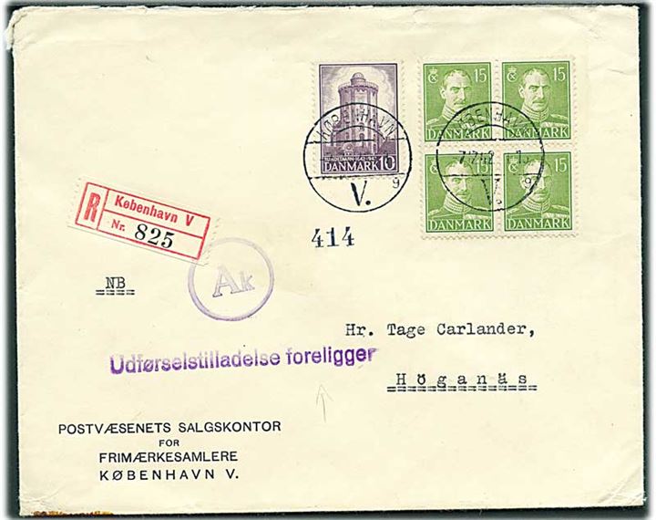 10 øre Rundetårn og 15 øre Chr. X i fireblok på anbefalet brev fra København d. 7.12.1942 til Höganäs, Sverige. Passér stemplet Ak og liniestempel Udførselstilladelse foreligger.
