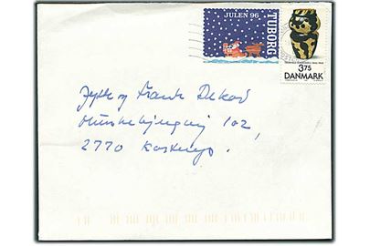 3,75 kr. Bindesbølle og Tuborg Julen 96 mærkat på brev fra København d. 19.12.1996 til Kastrup. Bagklap mgl.