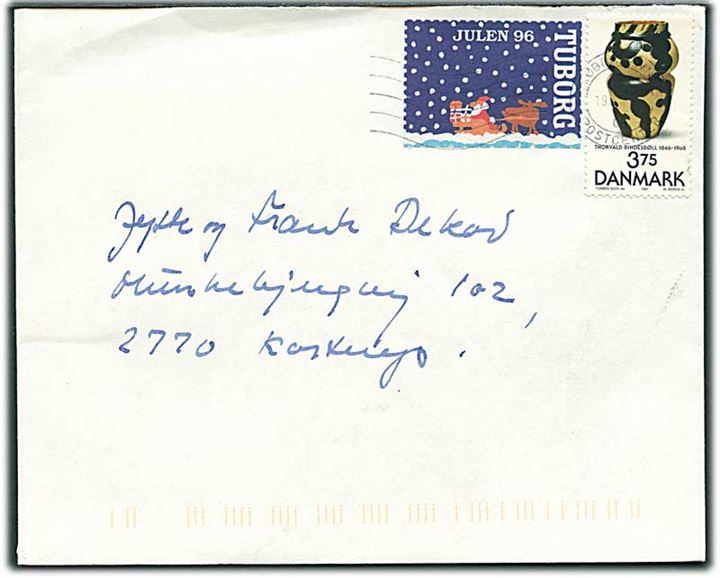 3,75 kr. Bindesbølle og Tuborg Julen 96 mærkat på brev fra København d. 19.12.1996 til Kastrup. Bagklap mgl.