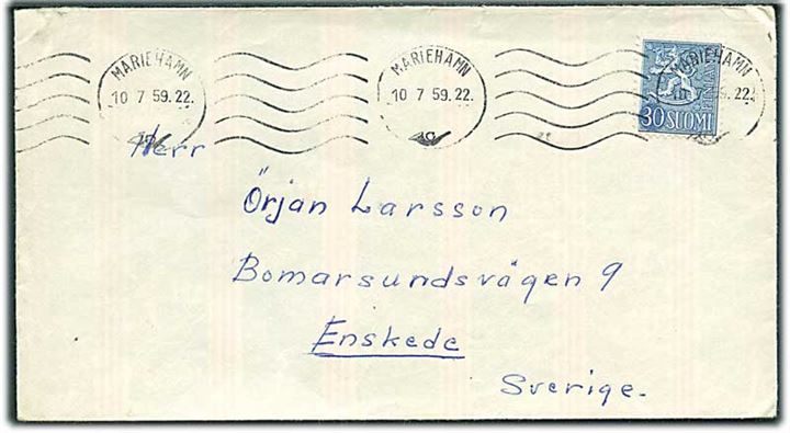 30 mk. Løve på brev stemplet Mariehamn d. 10.7.1959 til Enskede, Sverige.
