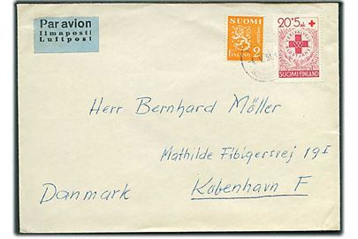 2 mk. Løve og 20+5 mk. Røde Kors på luftpostbrev fra Helsinki d. 4.5.1951 til København, Danmark.