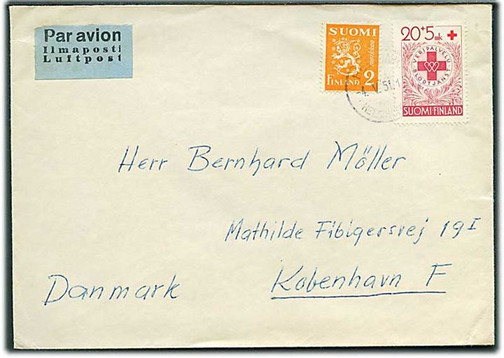 2 mk. Løve og 20+5 mk. Røde Kors på luftpostbrev fra Helsinki d. 4.5.1951 til København, Danmark.