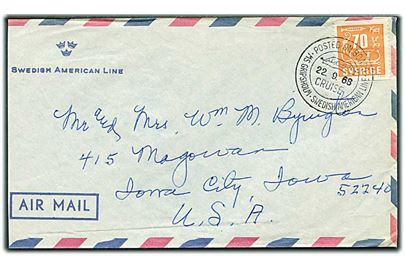 70 øre Runer på luftpostbrev annulleret med skibsstempel Posted on board * MS Gripsholm * Swedish American Line * Cruise d. 22.9.1968 til Iowa City, USA. 