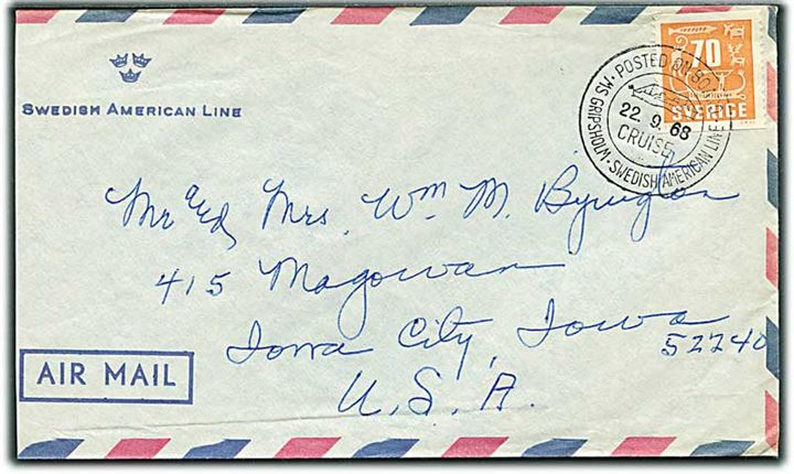 70 øre Runer på luftpostbrev annulleret med skibsstempel Posted on board * MS Gripsholm * Swedish American Line * Cruise d. 22.9.1968 til Iowa City, USA. 