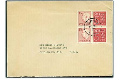 5 öre Ciffer og 15 öre Gustaf i sammentrykt 4-blok på brev fra Köping 1957 til Chicago, USA.