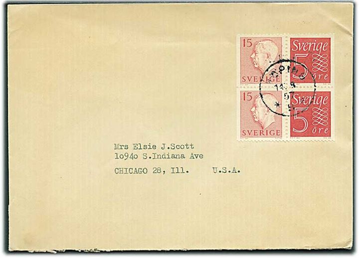 5 öre Ciffer og 15 öre Gustaf i sammentrykt 4-blok på brev fra Köping 1957 til Chicago, USA.