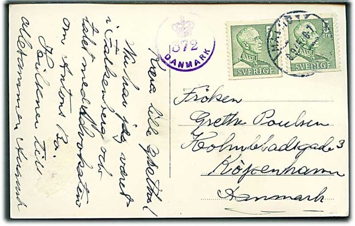 5 öre Gustaf (2) på brevkort fra Malmö d. 8.9.1945 til København, Danmark. Dansk efterkrigscensur (krone)/372/Danmark.