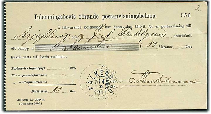 Indleveringsbevis for postanvisning stemplet Falkenberg d. 14.9.1901.