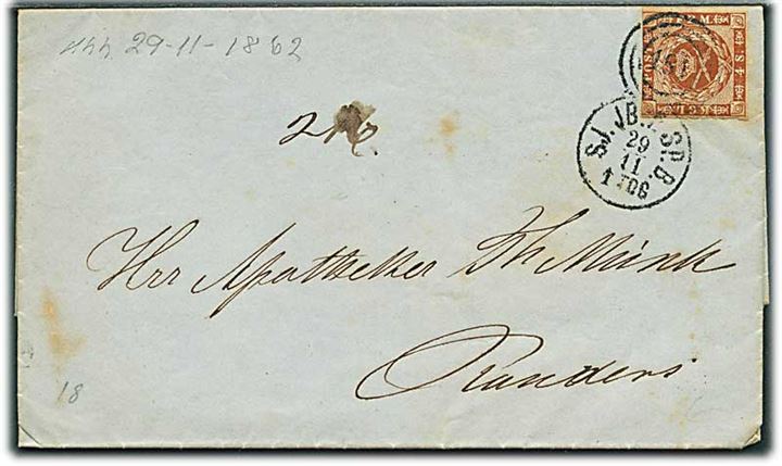 4 sk. 1858 udg. på brev fra Kjøbenhavn annulleret med kombineret nr.stempel 181/SJ.JB.P.SP.B. d. 29.11.1862 til Randers.