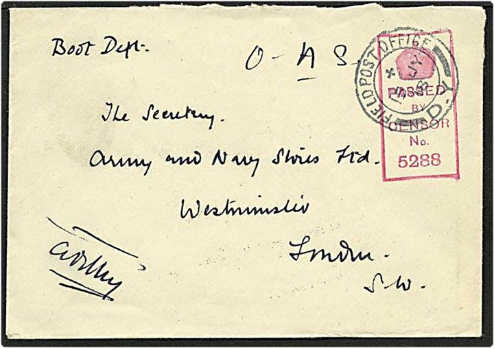 Ufrankeret OAS feltpostbrev fra Field Post Office D.Y. d. 15.7.1918 til London, England. Sendt fra fronten i Nordfrankrig. Passed by censor No. 5288.