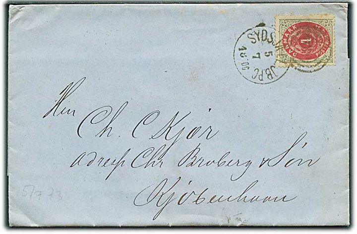 4 sk. Tofarvet på brev fra Stege annulleret med kombineret nr.stempel 180/Sydsjæll.JB.PC. d. 5.7.1873 til Kjøbenhavn