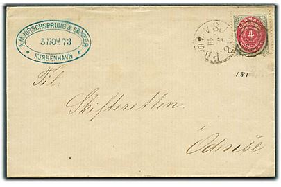 4 sk. Tofarvet på brev fra Kjøbenhavn annulleret med kombineret nr.stempel 181/VSJ.JB.P.B. d. 5.11.1873 til Odense.