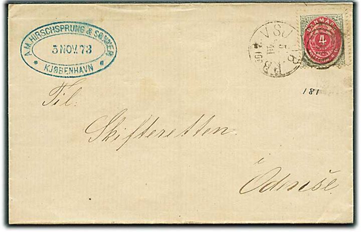 4 sk. Tofarvet på brev fra Kjøbenhavn annulleret med kombineret nr.stempel 181/VSJ.JB.P.B. d. 5.11.1873 til Odense.