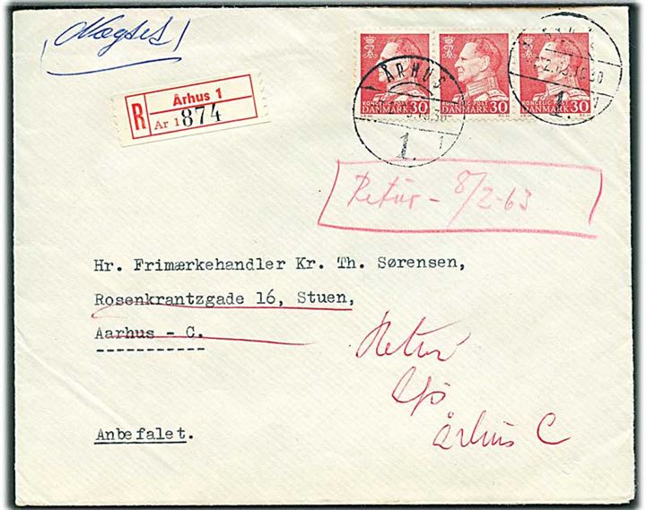 30 øre Fr. IX i 3-stribe på anbefalet brev stemplet Århus 1 sn1 d. 7.2.1963 til Århus C.- Retur med stempel Modtagelse nægtet.