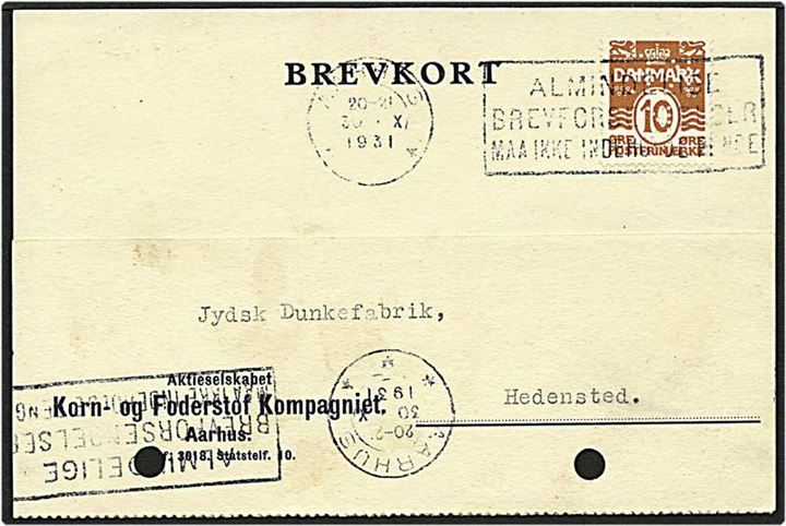 10 øre brun bølgelinie på brevkort fra Aarhus d. 30.10.1931 til Hedensted. Mærket med perfin K22 - Korn- og Foderstof Kompagniet.