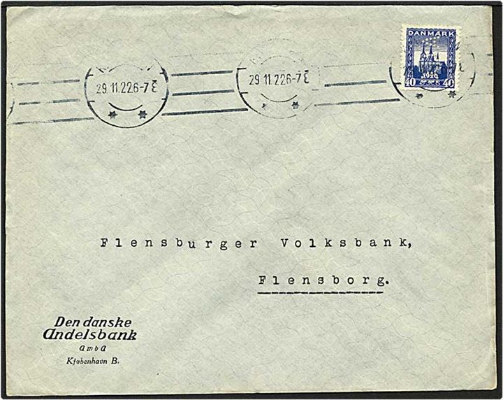 40 øre blå Roskilde Domkirke singelfrankatur på brev fra København d. 29.11.1922 til Flensborg, Tyskland. Mærket med perfin D15 - Den danske Andelsbank.