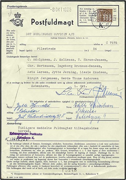 1 kr. brun rigsvåben på postfuldmagt fra København d. 7.10.1955. Mærket med perfin B45 - Det berlingske Officin.