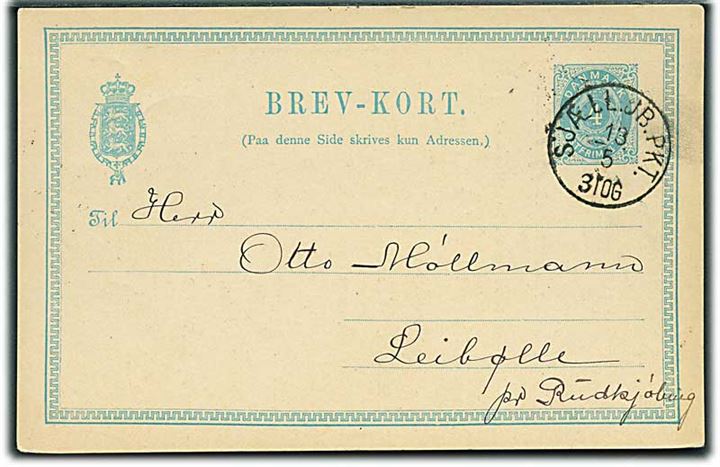 4 øre helsagsbrevkort sendt som tryksag fra Kjøbenhavn annulleret med lapidar Sjæll.JB.PKT. d. 13.5.1886 via Tranekjær til Leibølle pr. Rudkjøbing på Langeland.