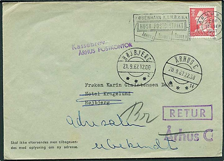 60 øre Fr. IX med perfin H (Hjemmeværnet) på brev fra Århus C d. 17.9.1967 til Højbjerg. Retur som ubekendt med stempel: Kassebrev / Århus Postkontor. Fra Danmarks Lottekorps / Lottedistrikt Aarhus.