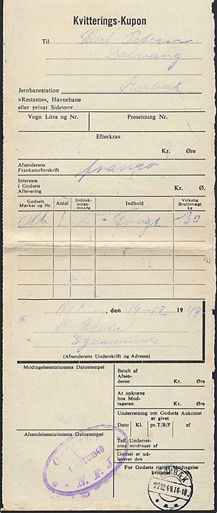 Kvitterings-Kupon for jernbanegods med ovalstempel Otterup * N.F.J. * d. 19.12.1949 til Rørbæk. Ank.stemplet med brotype IIc Rørbæk d. 22.12.1949.
