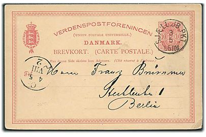 10 øre Våben helsagsbrevkort fra Kjøbenhavn annulleret med lapidar SJÆLL.JB.PKT. d. 3.5.1889 til Berlin, Tyskland.