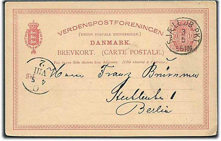 10 øre Våben helsagsbrevkort fra Kjøbenhavn annulleret med lapidar SJÆLL.JB.PKT. d. 3.5.1889 til Berlin, Tyskland.