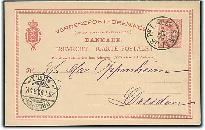 10 øre Våben helsagsbrevkort fra Kjøbenhavn annulleret med lapidar SJÆLL.JB.PKT. d. 20.1.1891 til Dresden, Tyskland.