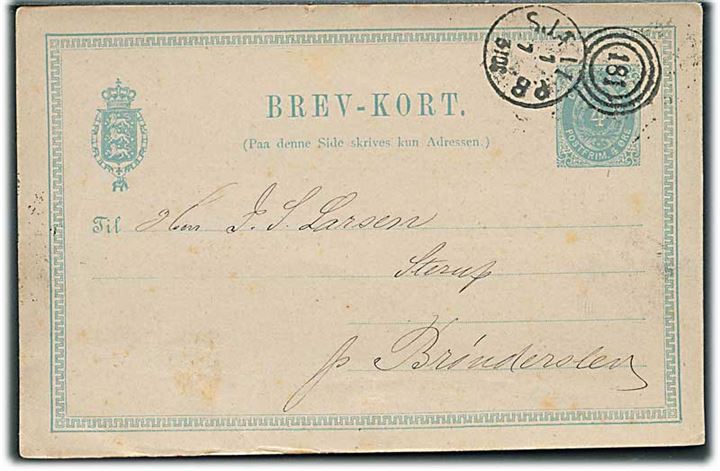 4 øre helsagsbrevkort sendt som tryksag fra Kjøbenhavn og annulleret med kombineret nr.stempel 181/Sjæll.P.B. d. 1.7.1885 til Brønderslev.