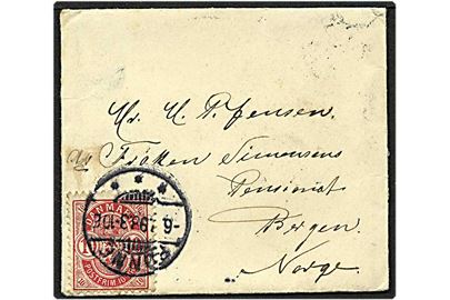 10 øre rød våbentype på lille brev fra Rønne d. 6.7.1898 til Bergen, Norge.