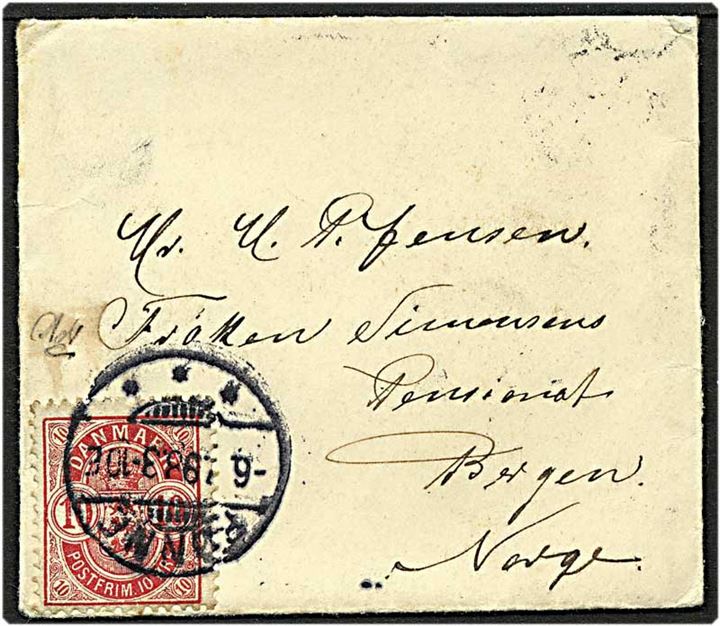 10 øre rød våbentype på lille brev fra Rønne d. 6.7.1898 til Bergen, Norge.