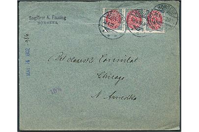 8 øre Tofarvet i 3-stribe på brev fra Horsens d. 30.4.1902 til Chicago, USA.