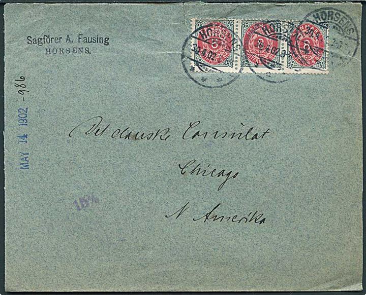 8 øre Tofarvet i 3-stribe på brev fra Horsens d. 30.4.1902 til Chicago, USA.