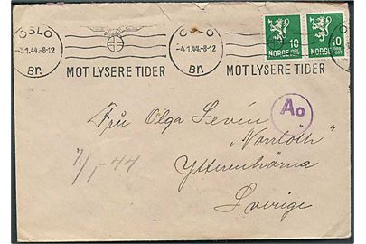 10 øre Løve i parstykke på brev fra Oslo d. 4.1.1944 til Ytterenhörna, Sverige. Passérstemplet Ao i Oslo.