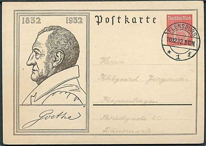 15 pfg. Goethe illustreret helsagsbrevkort fra Flensburg d. 10.12.1932 til København, Danmark.