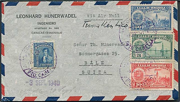 37½ c. Urbaneja, 10 c., 50 c. og 3 b. Luftpost på luftpostbrev fra Caracas d. 3.9.1940 til Basel, Schweiz.