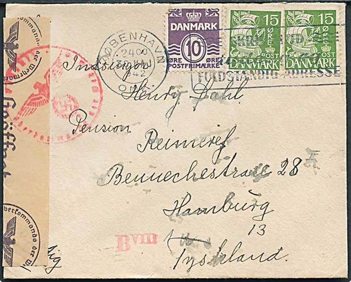 10 øre Bølgelinie og 15 øre Karavel (2) på brev fra København d. 30.5.1942 til Hamburg, Tyskland. Åbnet af tysk censur i Hamburg.