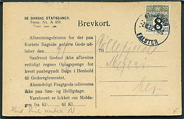 8/3 øre Provisorium på De Danske Statsbaner adviskort fra Nykjøbing Falster d. 7.10.1922. På bagsiden ovalt jernbanestempel Nykjøbing F. * Godsekspeditionen * d. 7.10.1922.