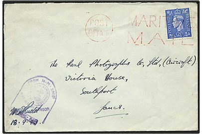 On Active Service: 2½ pence blå på skibsbrev til Southport, England, d. 18.9.1943. Engelsk censur.