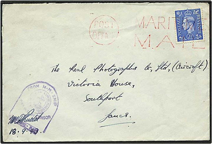 On Active Service: 2½ pence blå på skibsbrev til Southport, England, d. 18.9.1943. Engelsk censur.