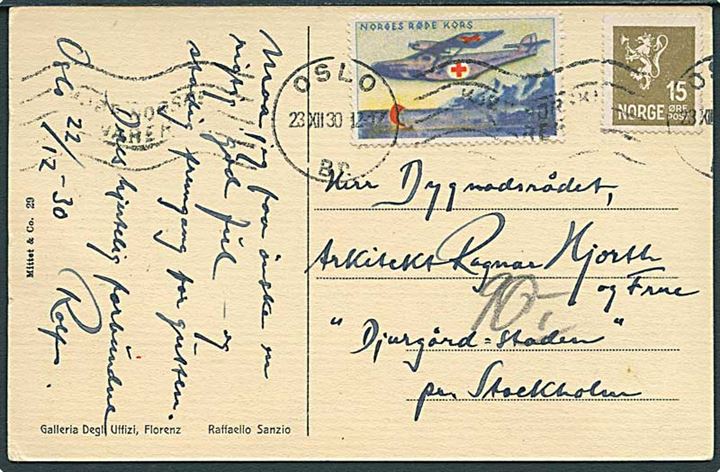 15 øre Løve og Norges Røde Kors julemærke 1930 på brevkort fra Oslo d. 23.12.1930 til Stockholm, Sverige.