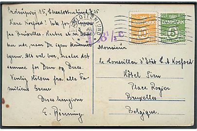 5 øre og 10 øre Bølgelinie på underfrankeret brevkort fra Charlottenlund d. 3.7.1935 til Bruxelles, Belgien. Violet portostempel: T. 8 1/3 c.